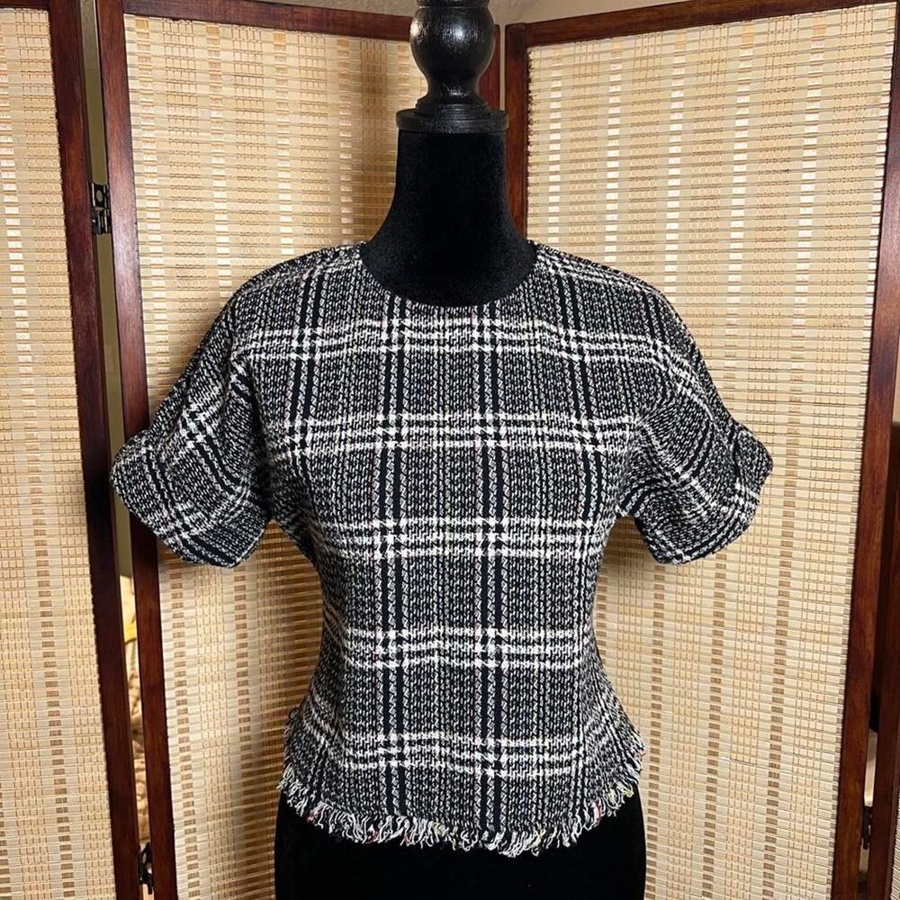 Zara Trafaluc Black & White Tweed Plaid Crop Top Size XS